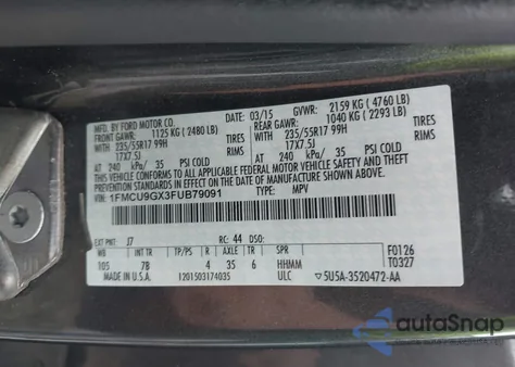 2015 Ford Escape Se from USA, damaged, VIN 1FMCU9GX3FUB79091